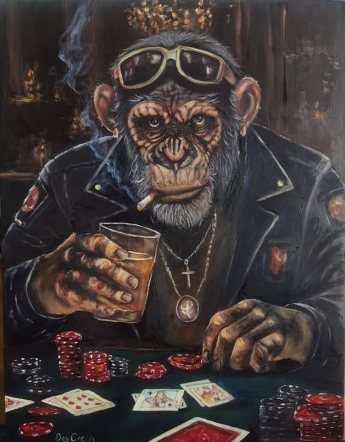 Oil painting depicting a chimpanzee playing poker by South African artist Des Green.