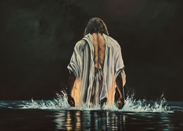 Oil painting depicting a woman walking into water by South African artist Des Green.