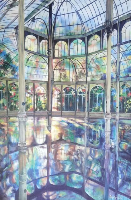 Oil painting depicting a colourful glass palace interior by South African artist Des Green.