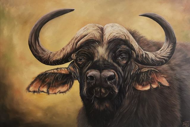Oil painting depicting buffalo portrait by South African artist Des Green.