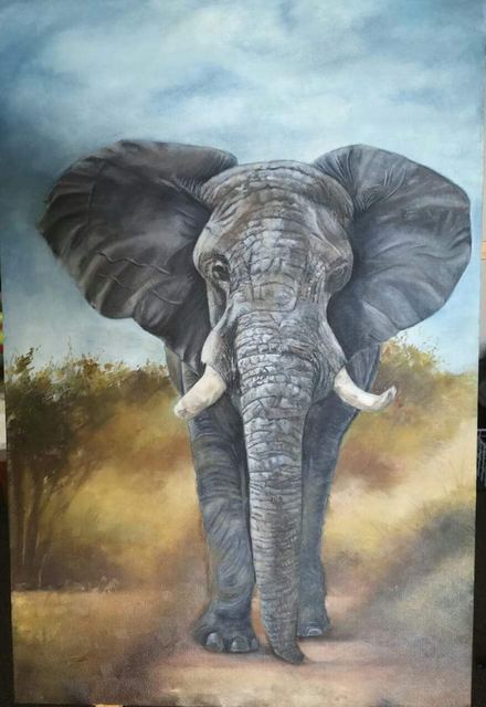 Oil painting depicting elephant front portrait by South African artist Des Green.