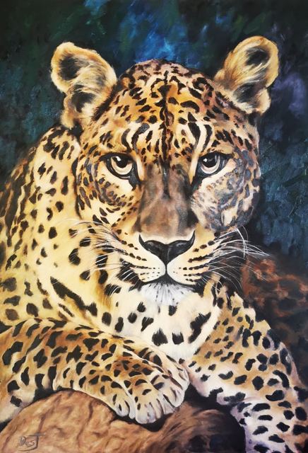 Oil painting depicting leopard resting portrait by South African artist Des Green.