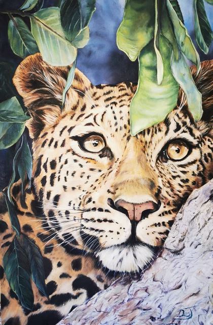 Oil painting depicting leopard through the leaves by South African artist Des Green.