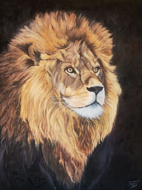 Oil painting depicting lion in profile by South African artist Des Green.