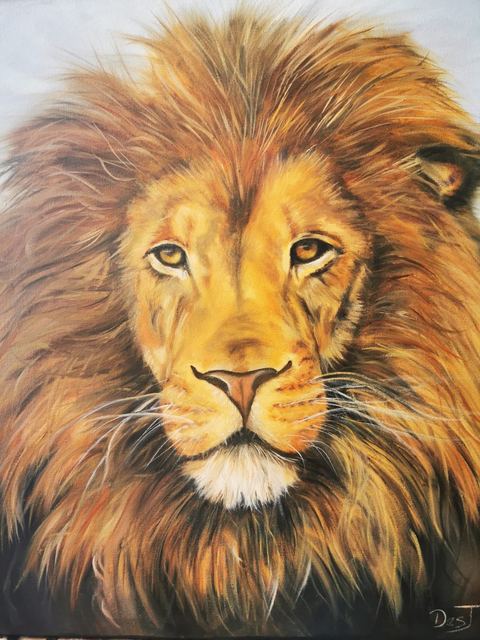 Oil painting depicting lion portrait by South African artist Des Green.