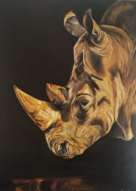 Oil painting depicting rhino portrait by South African artist Des Green.