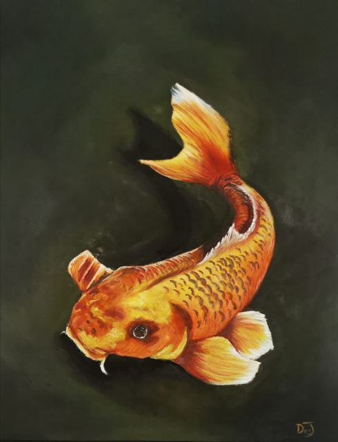 Oil painting depicting golden koi by South African artist Des Green.