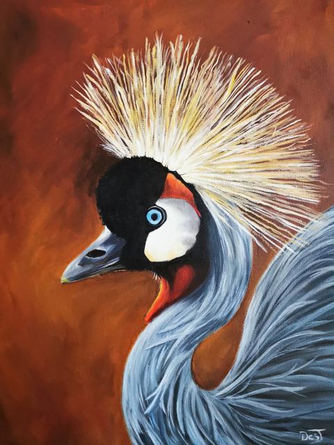Oil painting depicting grey crowned crane by South African artist Des Green.