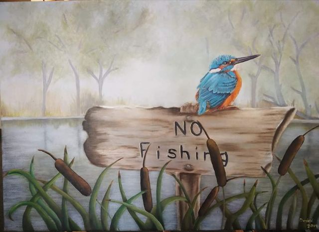 Oil painting depicting kingfisher on a "no fishing" sign by South African artist Des Green.
