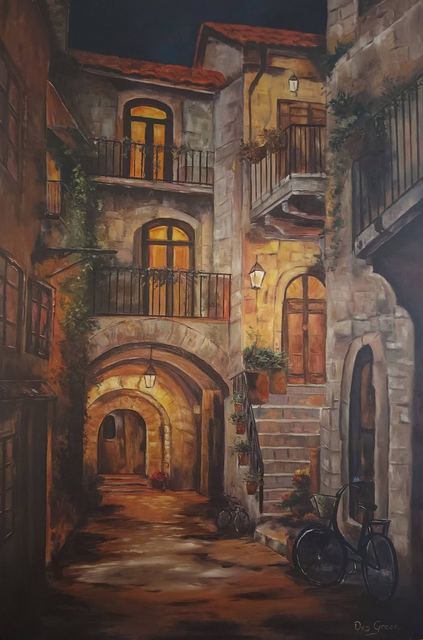 Oil painting of an old city passage titled After Hours by South African artist Des Green.