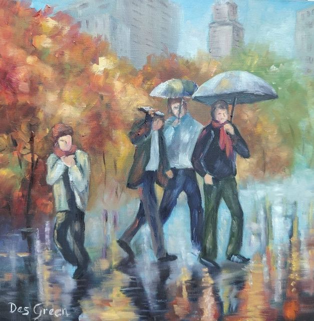 Oil painting of a rainy city street titled Between the Raindrops by South African artist Des Green.