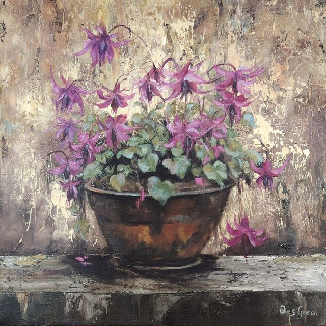 Oil painting of potted fuchsia flowers by South African artist Des Green.