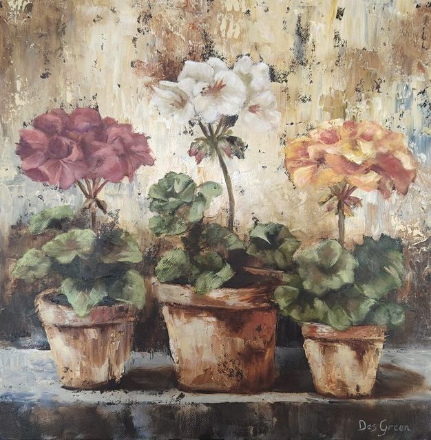 Oil painting of three potted flowers by South African artist Des Green.