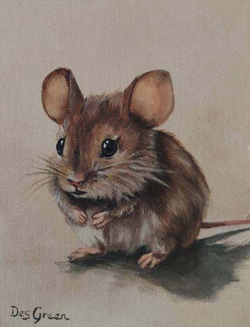 Oil painting of a mouse titled Little Braveheart by South African artist Des Green.