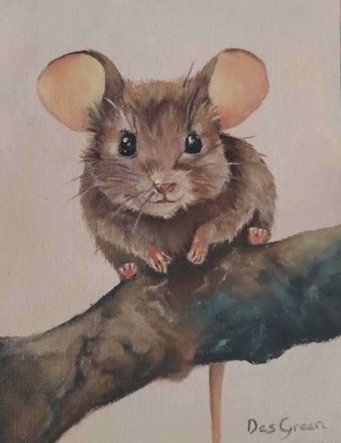 Oil painting of a mouse titled Out on a Limb by South African artist Des Green.