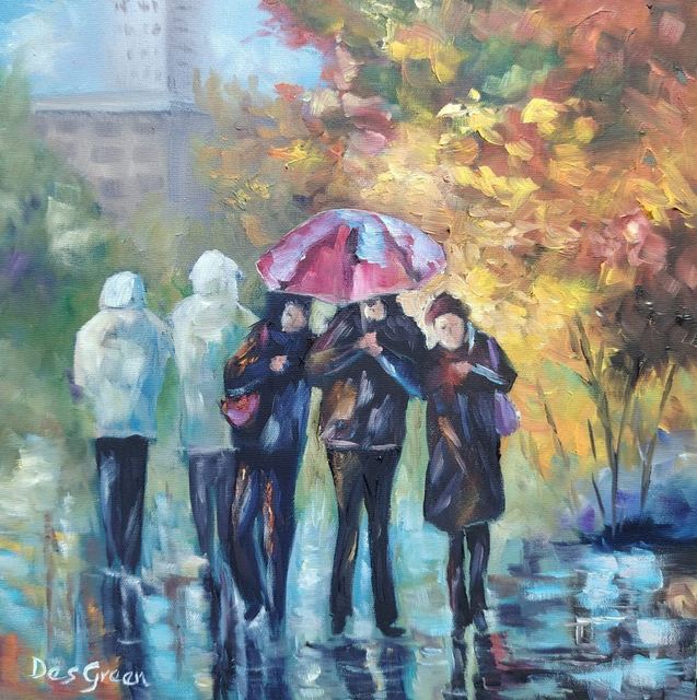 Oil painting of a rainy city street titled Red Umbrella Day by South African artist Des Green.