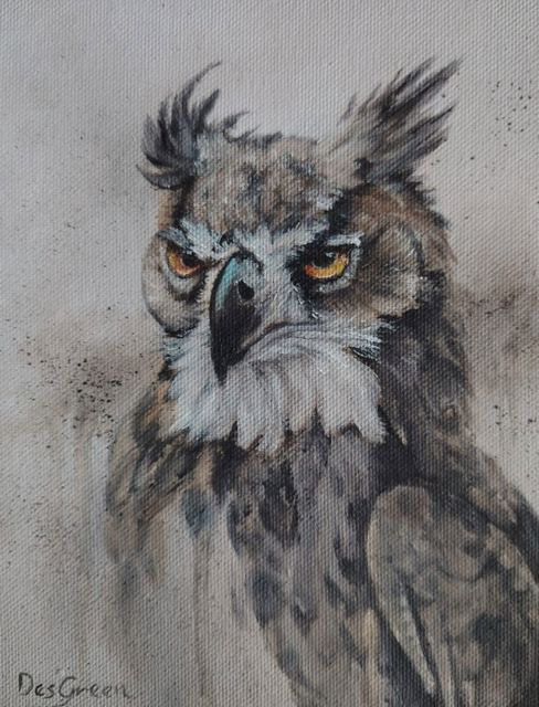 Oil painting of an owl titled The Night Watch by South African artist Des Green.