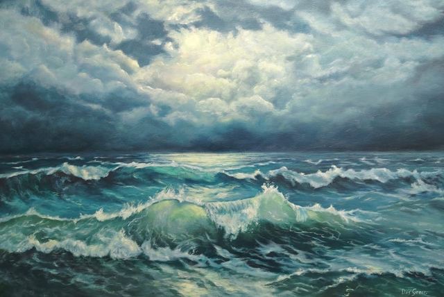 Oil painting of a stormy ocean titled Where the Light Breaks by South African artist Des Green.